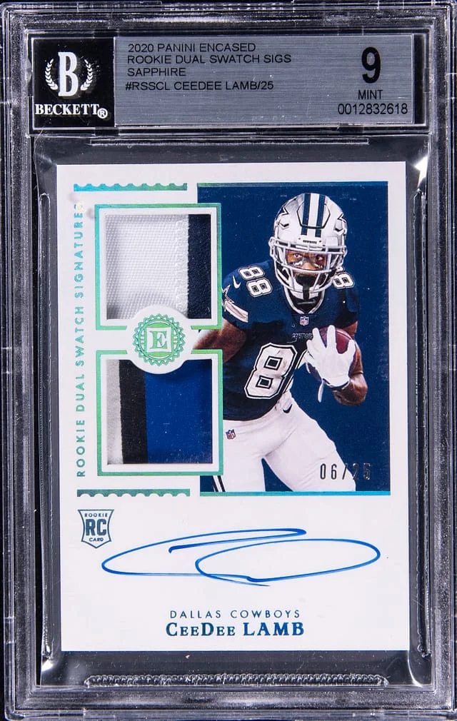 2020 Panini Encased CeeDee Lamb Dual Swatch Signatures Sapphire #RSSCL card image