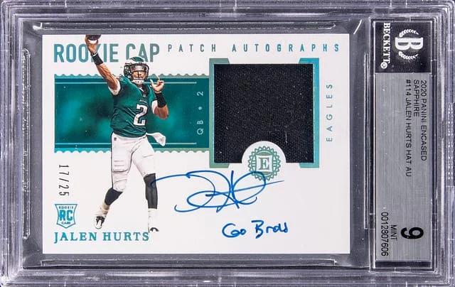 2020 Panini Encased Jalen Hurts Cap Patch Autographs Emerald #114 card image