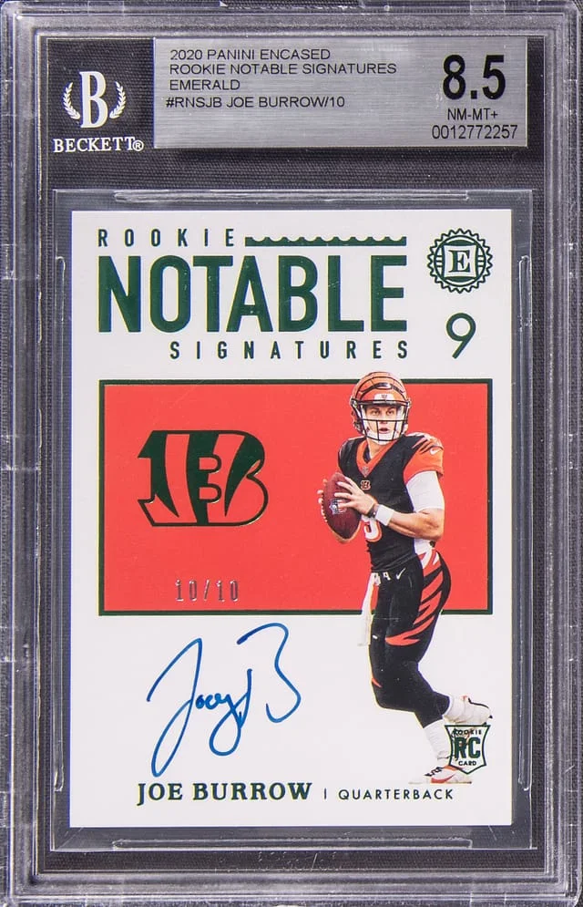 2020 Panini Encased Joe Burrow Notable Signatures Emerald #RNS-JB card image