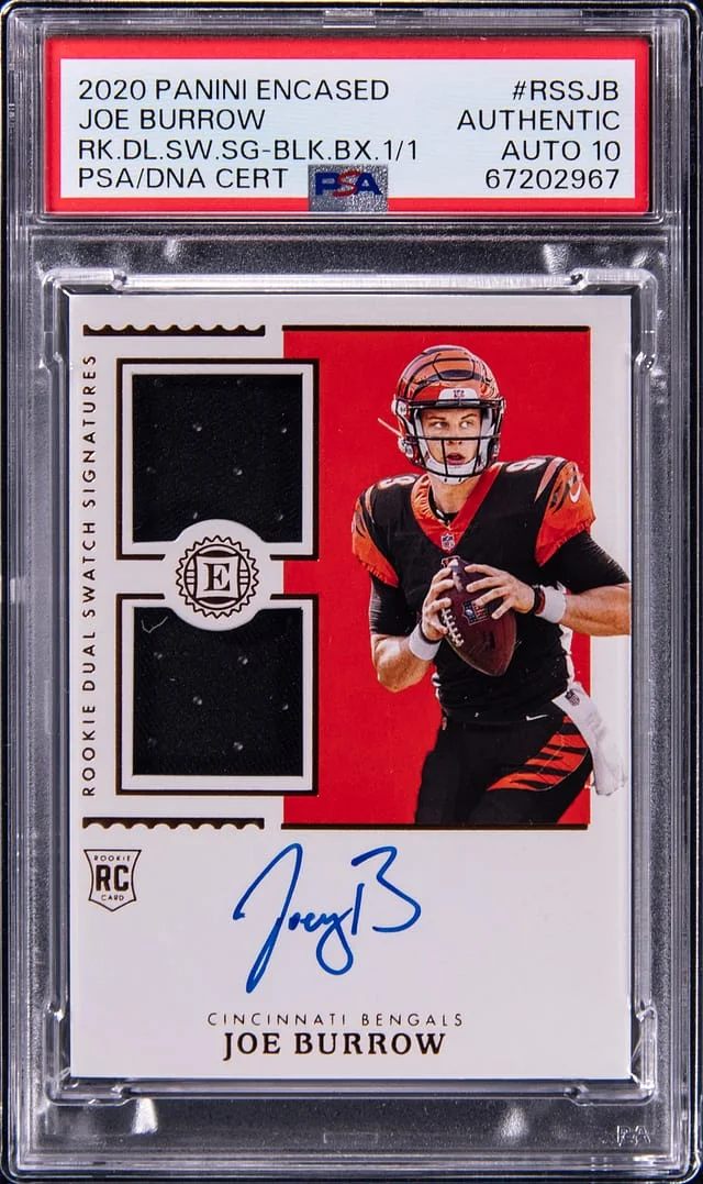 2020 Panini Encased Joe Burrow Dual Swatch Signatures '22 Black Box #RSS-JB card image