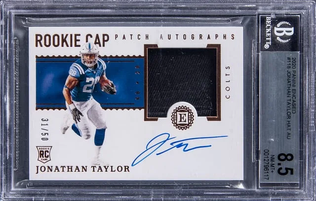 2020 Panini Encased Jonathan Taylor Cap Patch Autographs #118 card image