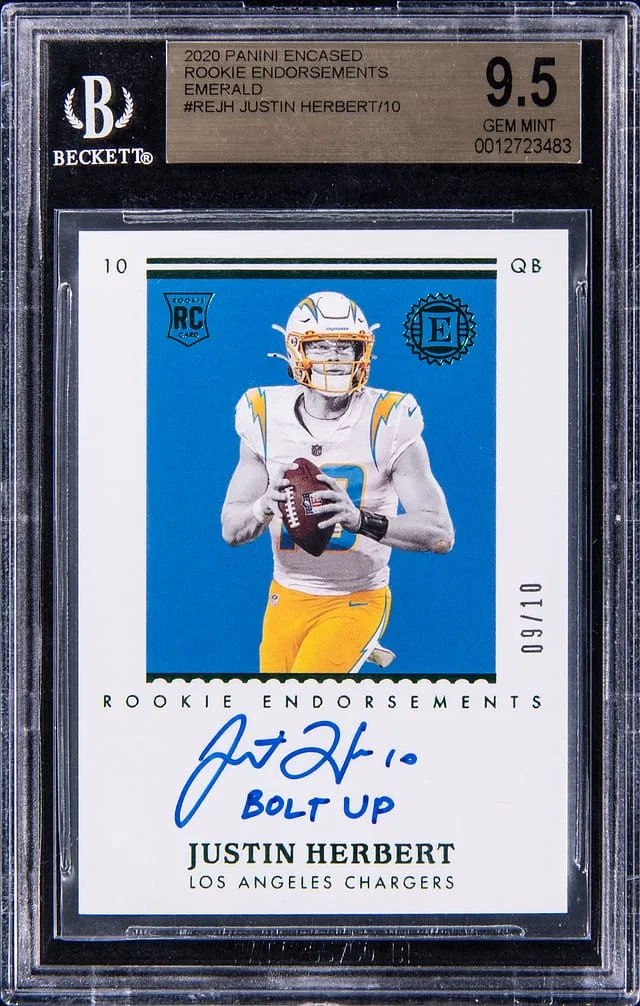 2020 Panini Encased Justin Herbert Endorsements Emerald #RE-JH card image
