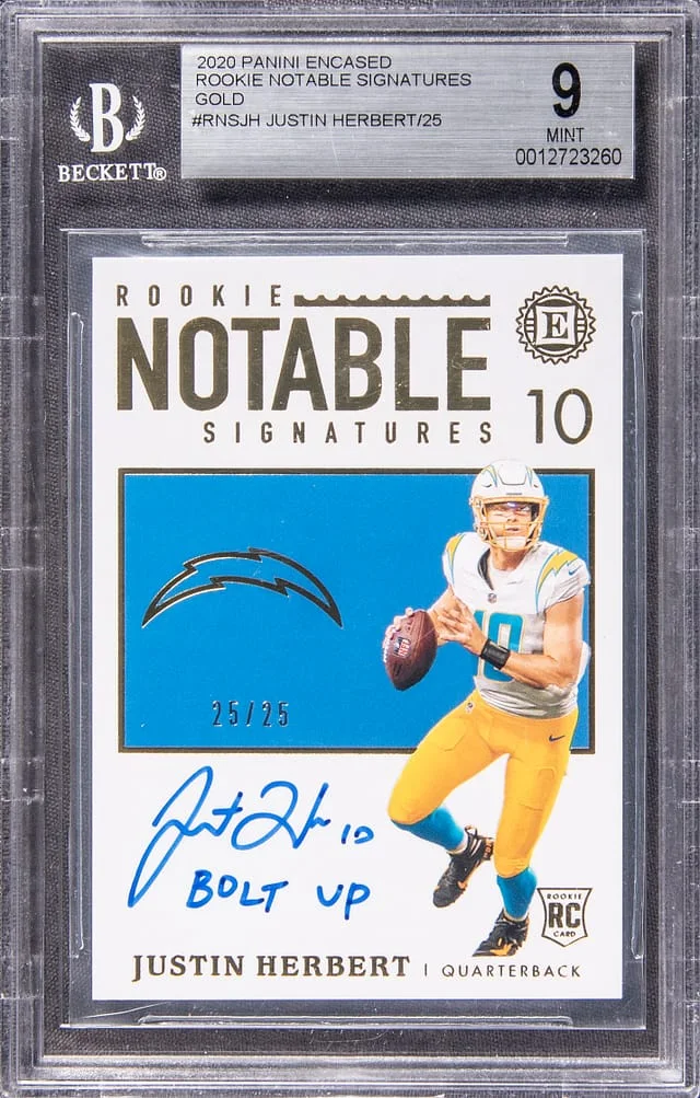 2020 Panini Encased Justin Herbert Notable Signatures Gold #RNS-JH card image