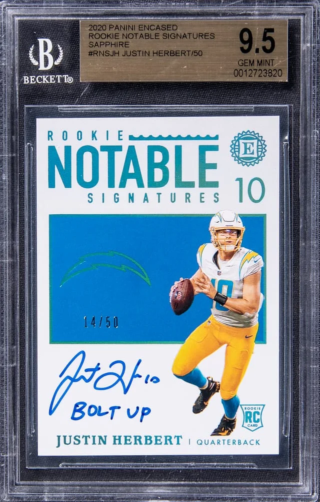 2020 Panini Encased Justin Herbert Notable Signatures Sapphire #RNSJH card image