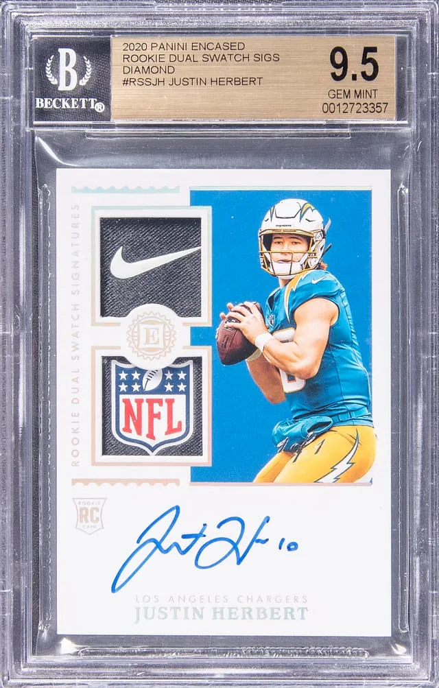 2020 Panini Encased Justin Herbert Dual Swatch Signatures Diamond #RSS-JH card image