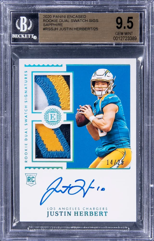 2020 Panini Encased Justin Herbert Dual Swatch Signatures Sapphire #RSSJH card image