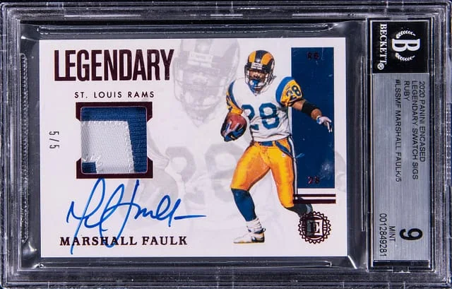 2020 Panini Encased Marshall Faulk Legendary Swatch Signatures Ruby #LSS-MF card image