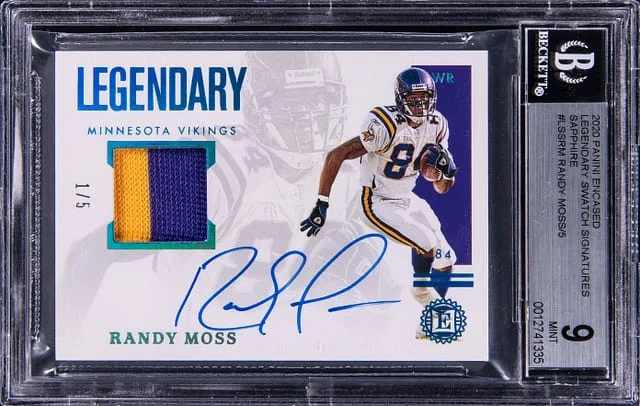 2020 Panini Encased Randy Moss Legendary Swatch Signatures Sapphire #LSS-RM card image