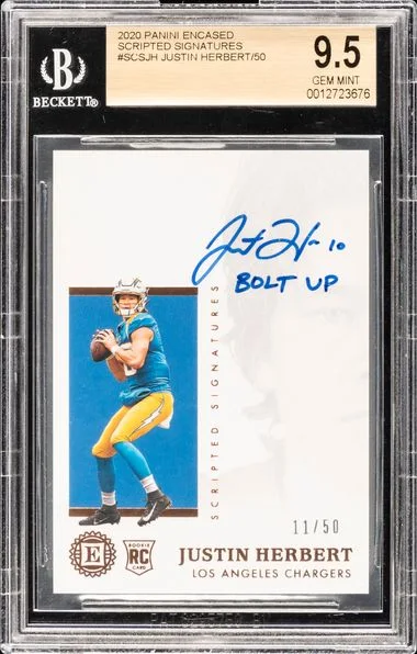 2020 Panini Encased Scripted Signatures Sapphire Jh Justin Herbert #no-number card image