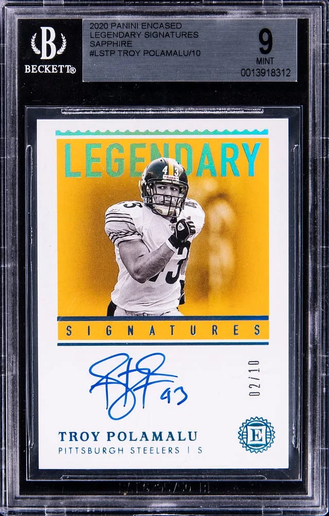 2020 Panini Encased Troy Polamalu Legendary Signatures Sapphire #LS-TP card image