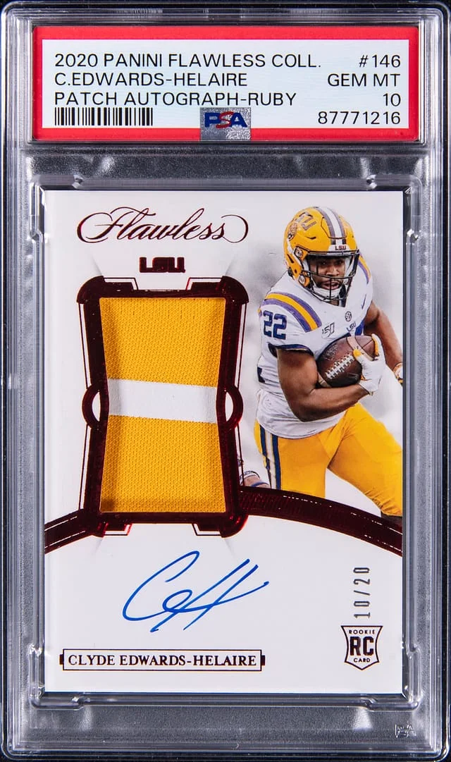2020 Panini Flawless Clyde Edwards-Helaire Collegiate Patch Autograph Ruby #146 card image