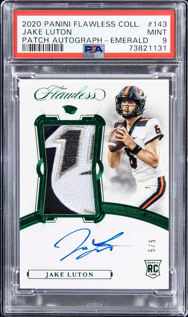 2020 Panini Flawless Jake Luton Collegiate Patch Autograph - Emerald #143 card image