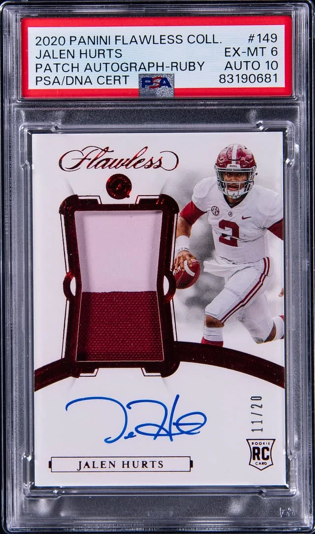 2020 Panini Flawless Jalen Hurts Collegiate Patch Autograph (RPA) Ruby #149 card image