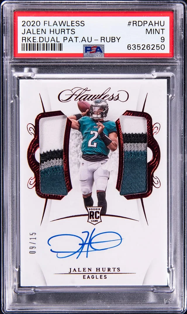 2020 Panini Flawless Jalen Hurts Dual Patch Autograph Ruby #RDPAHU card image