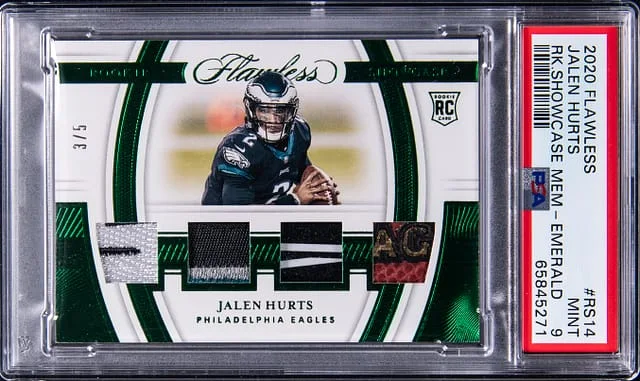 2020 Panini Flawless Jalen Hurts Showcase Memorabilia Emerald #RS14 card image