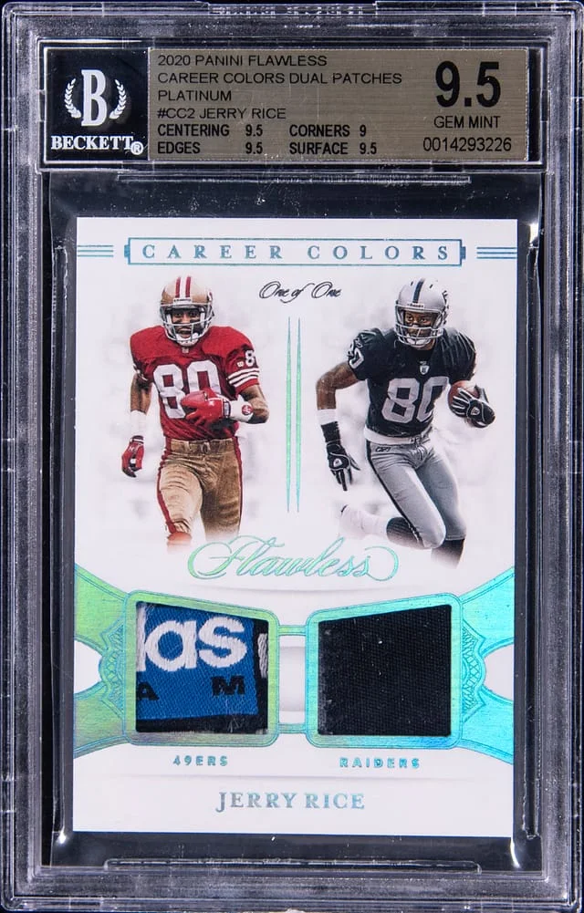 2020 Panini Flawless Jerry Rice Career Colors Dual Patches Platinum #CC2 card image