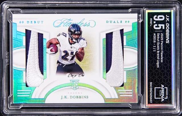 2020 Panini Flawless J.K. Dobbins Nike Swoosh Dual-Patch - AC MINT+ 9.5 Debut Duals Brand Logos #DD16 card image