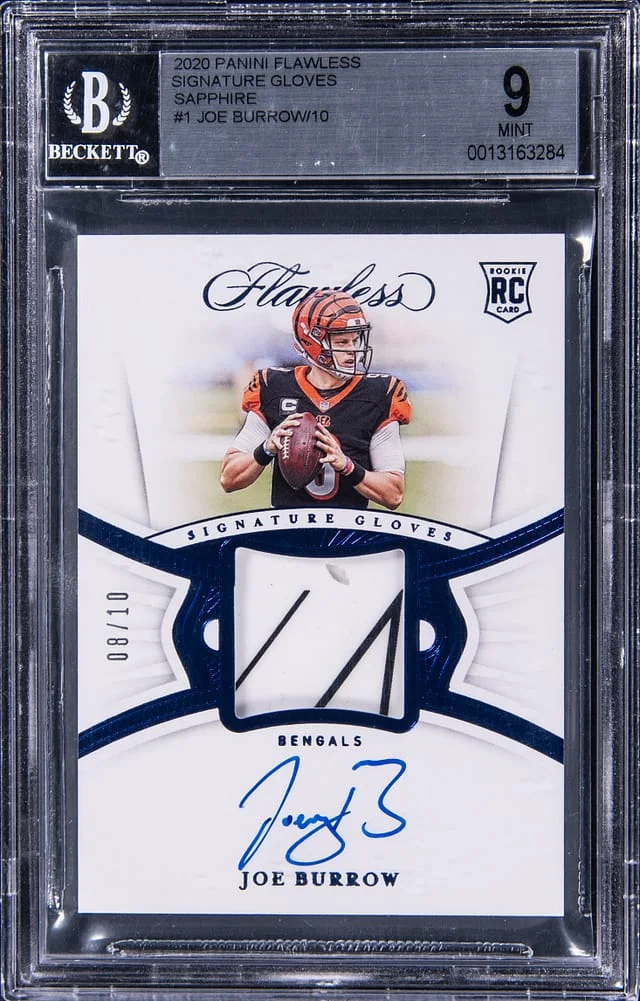 2020 Panini Flawless Joe Burrow Signature Gloves Sapphire #1 card image