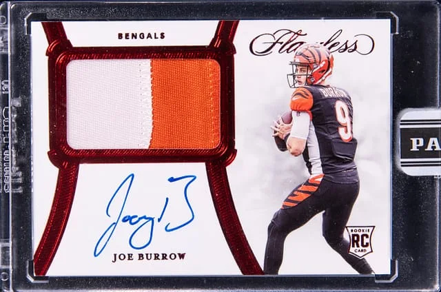 2020 Panini Flawless Joe Burrow Patch Autographs (RPA) Ruby '23 Black Box #RPA-JBU card image