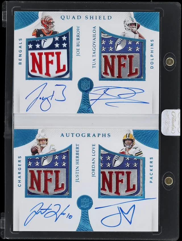 2020 Panini Flawless Joe Burrow/Tua Tagovailoa/Justin Herbert/Jordan Love Multi-Signed Patch - Panini Encased Quad NFL Shield Autographs #QSA-RQB card image