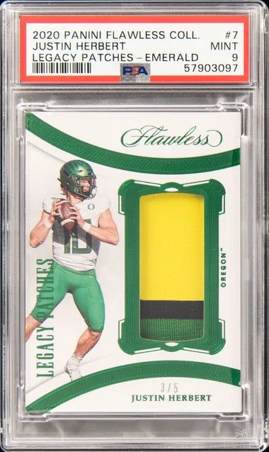 2020 Panini Flawless Justin Herbert Collegiate Legacy Patches Emerald #7 card image