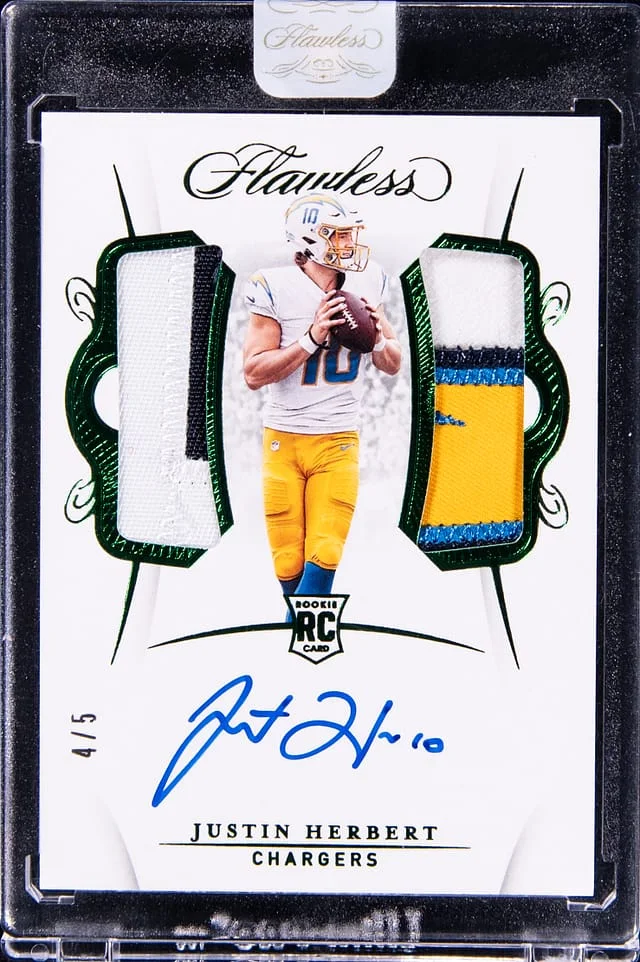 2020 Panini Flawless Justin Herbert Dual Patch Autographs Emerald #RDPA-JH card image