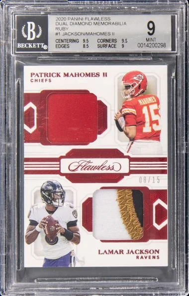 2020 Panini Flawless Lamar Jackson/Patrick Mahomes II Dual Diamond Memorabilia Ruby #DD1 card image