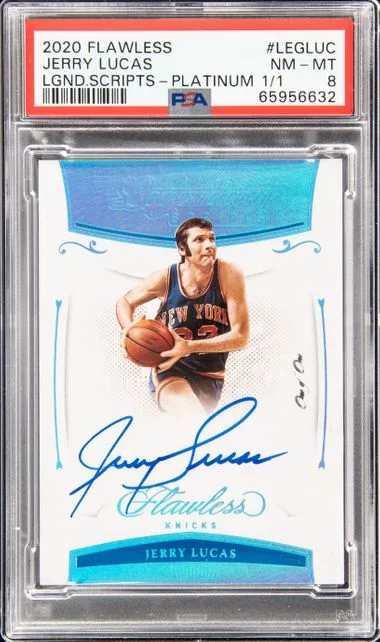 2020 Panini Flawless Legluc Jerry Lucas Legendary Scripts Platinum #1/1 card image