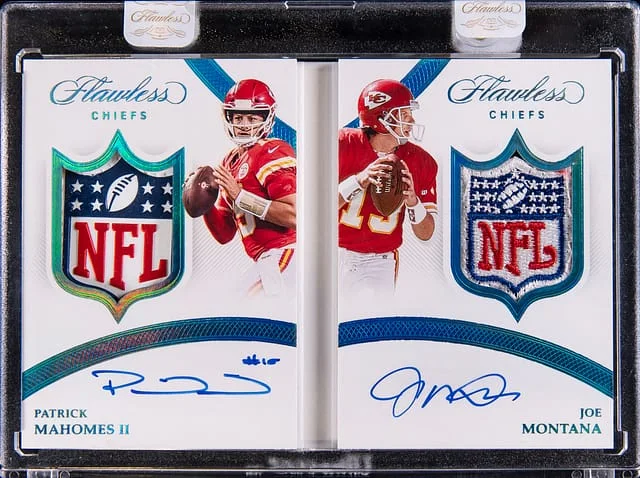 2020 Panini Flawless Patrick Mahomes II/Joe Montana Duals Platinum Booklet #FDP-MM card image