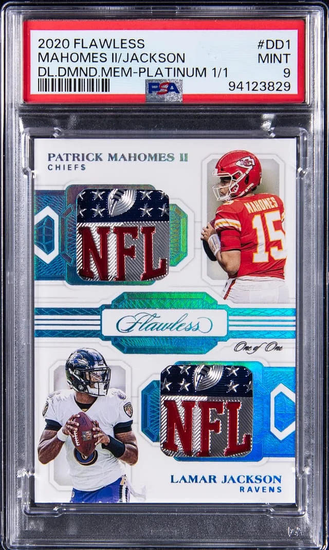 2020 Panini Flawless Patrick Mahomes II/Lamar Jackson NFL Shield Dual Diamond Memorabilia Platinum #DD1 card image