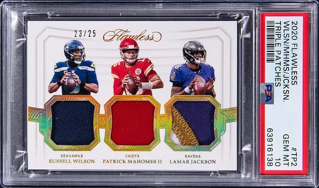 2020 Panini Flawless Russell Wilson/Patrick Mahomes II/Lamar Jackson Triple Patches #TP2 card image