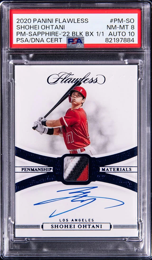 2020 Panini Flawless Shohei Ohtani Penmanship Materials Sapphire-2022 Black Box 1/1 #PM-SO card image