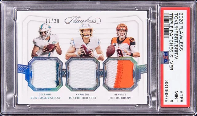 2020 Panini Flawless Tua Tagovailoa, Justin Herbert, Joe Burrow Triples Patches-Silver #TP5 card image
