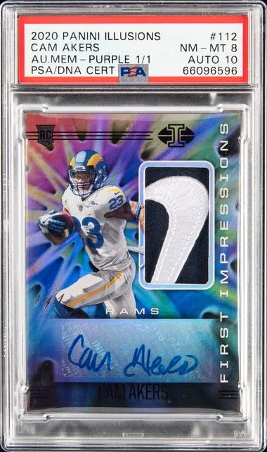 2020 Panini Illusions 112 Cam Akers Autograph Memorabilia-Purple #1/1 card image