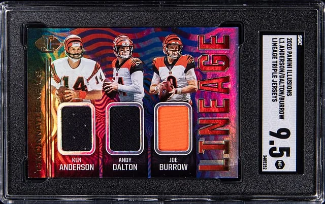2020 Panini Illusions Anderson/Dalton/Burrow Lineage Triple Jerseys #L1 card image