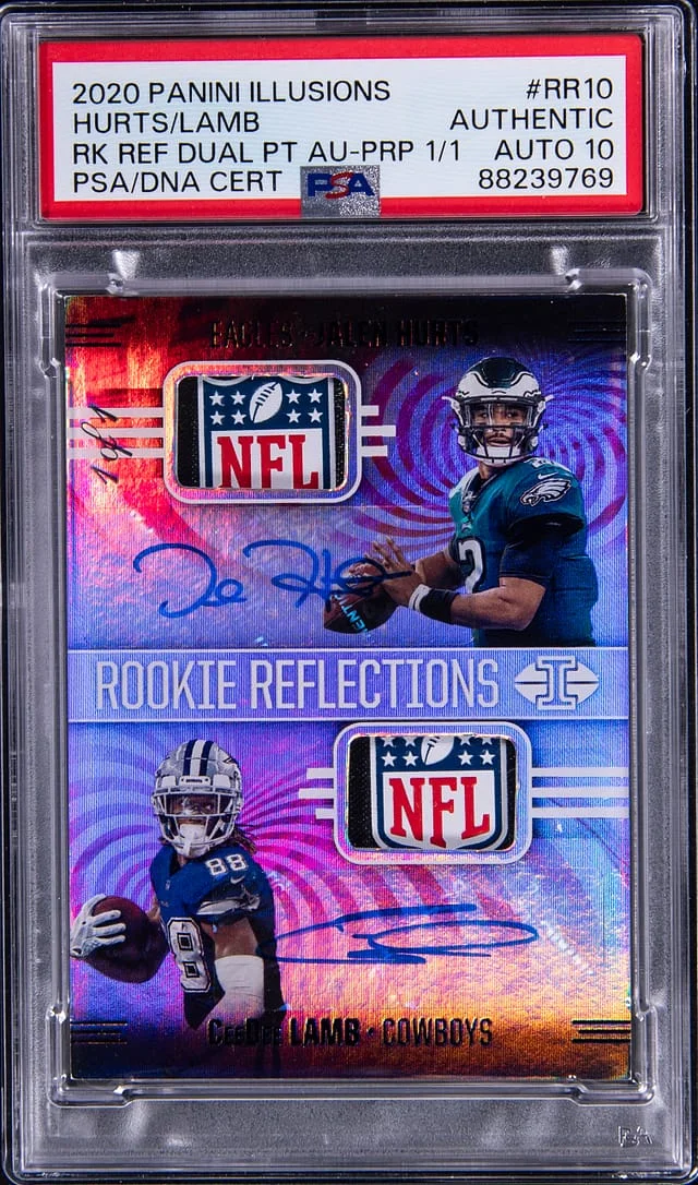 2020 Panini Illusions Jalen Hurts/CeeDee Lamb Reflections Dual Patch Autograph Purple 1/1 #RR10 card image