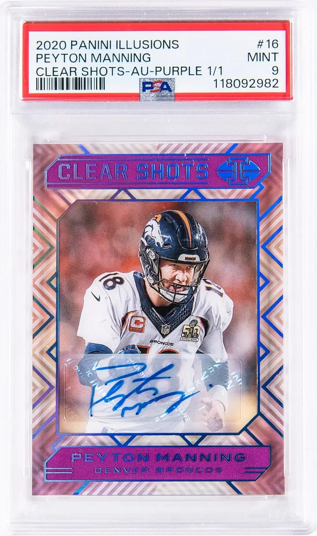 2020 Panini Illusions Peyton Manning Clear Shots Autograph Purple #16 card image