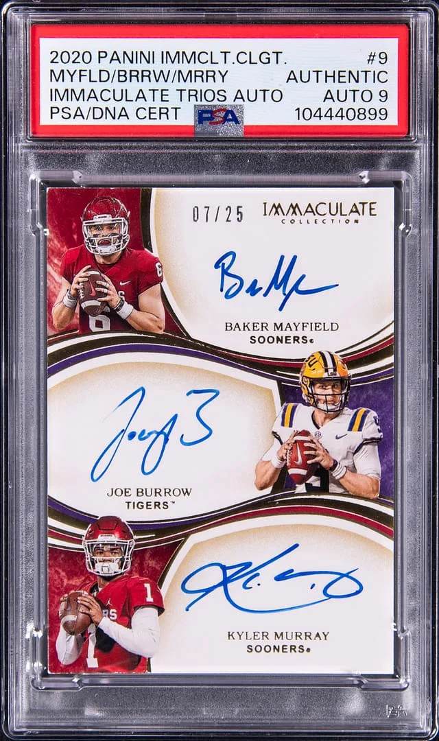 2020 Panini Immaculate Baker Mayfield/Joe Burrow/Kyler Murray Collegiate Immaculate Trios Autographs #9 card image