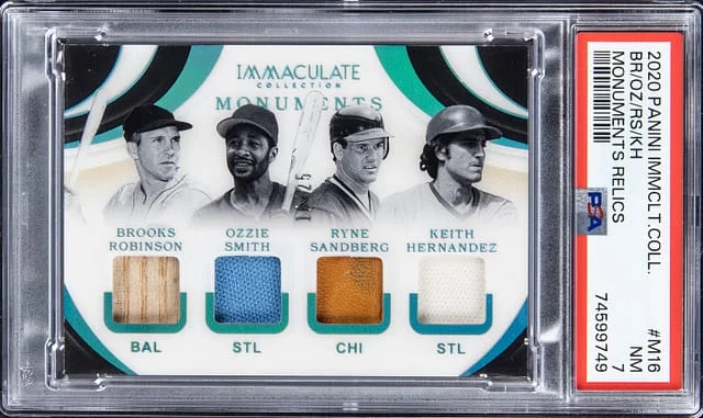 2020 Panini Immaculate Collection Brooks Robinson/Ozzie Smith/Ryne Sandberg/Keith Hernandez Monuments Relics #M-16 card image