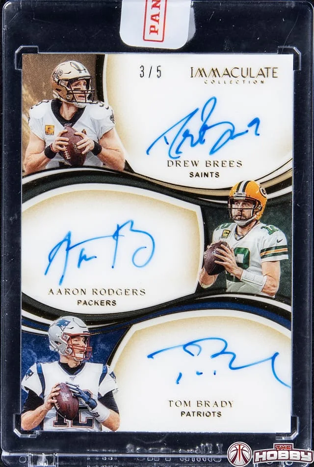 2020 Panini Immaculate Collection Drew Brees/Aaron Rodgers/Tom Brady Multi-Signed Card - Panini Encased Immaculate Trios Autographs #TA-QB card image