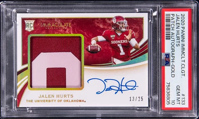 2020 Panini Immaculate Collection Jalen Hurts Collegiate Patch Autograph (RPA) Gold #133 card image