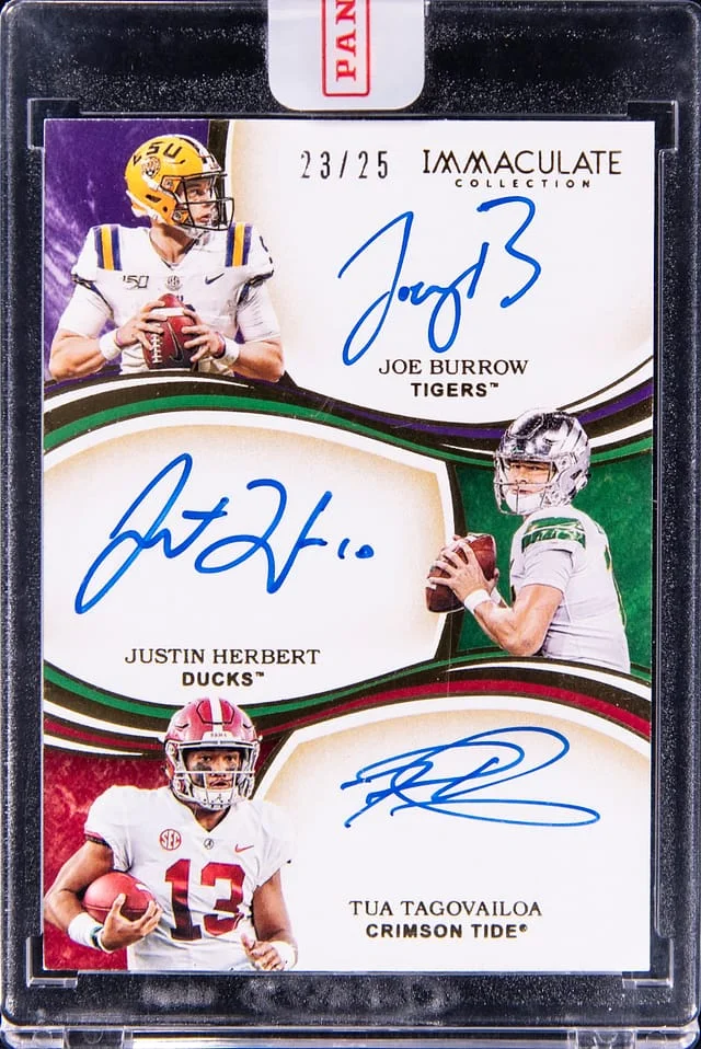 2020 Panini Immaculate Collection Joe Burrow/Justin Herbert/Tua Tagovailoa Collegiate Trio Autographs #4 card image