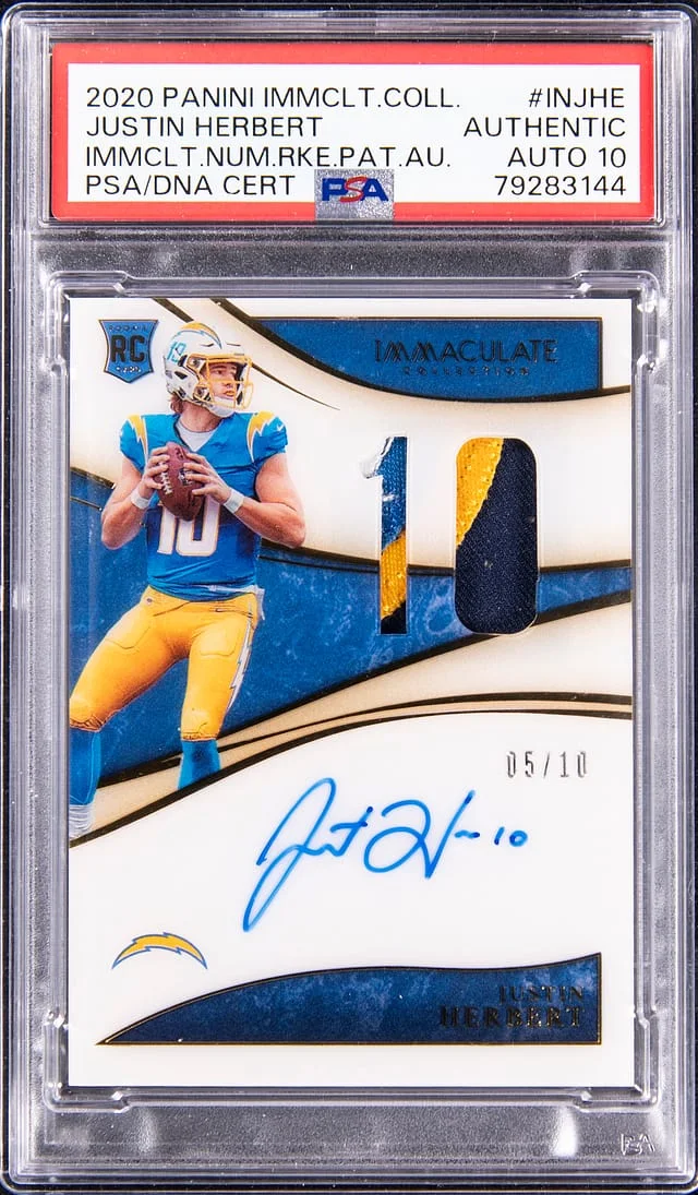 2020 Panini Immaculate Collection Justin Herbert Immaculate Numbers Patch Autograph (RPA) #IN-JHE card image