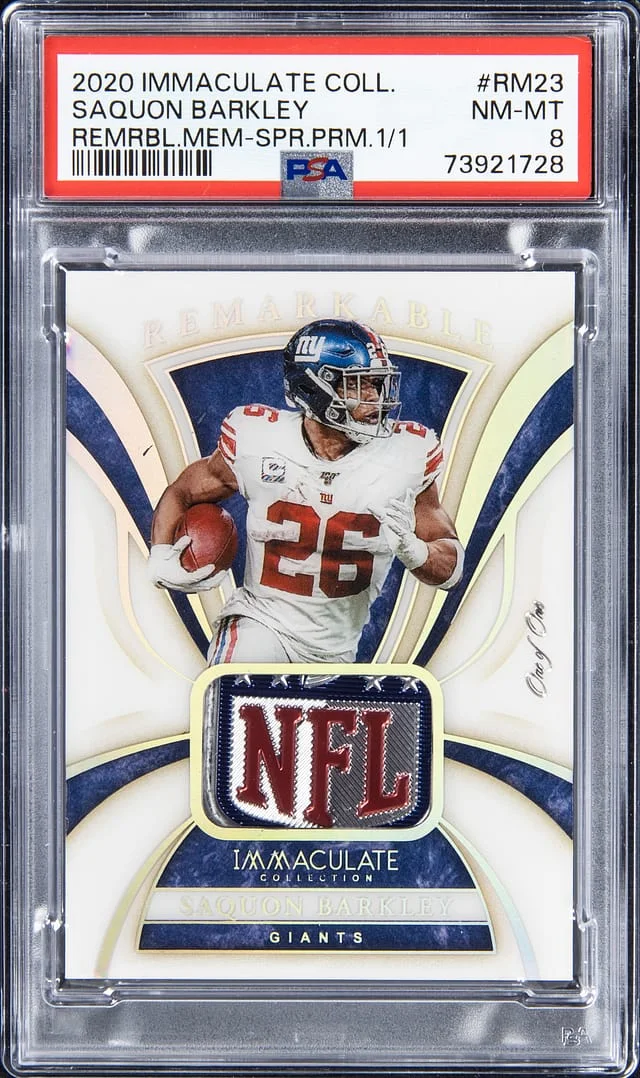 2020 Panini Immaculate Collection Saquon Barkley NFL Shield Remarkable Material Super Prime #RM23 card image