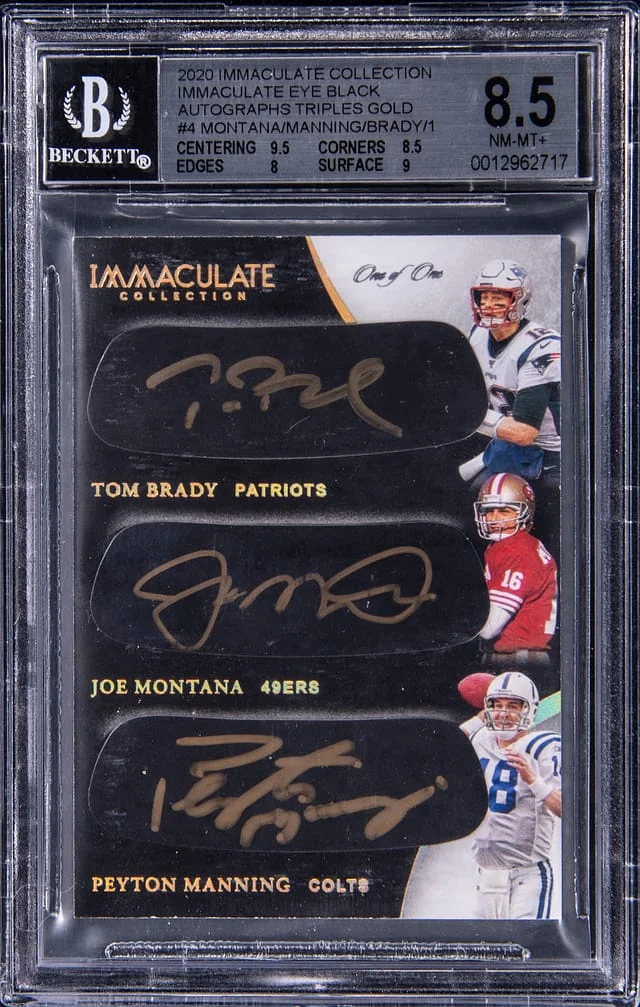 2020 Panini Immaculate Collection Tom Brady/Joe Montana/Peyton Manning Multi-Signed Eye Black Autographs Triples Gold #EBT-QB card image