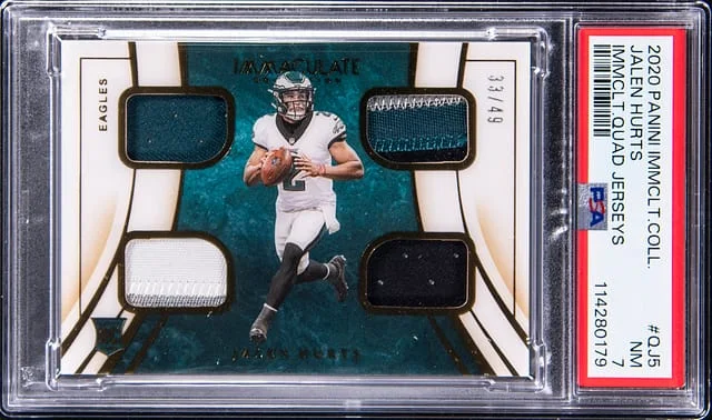2020 Panini Immaculate Jalen Hurts Patch (33/49) Immaculate Quad Jerseys #QJ5 card image