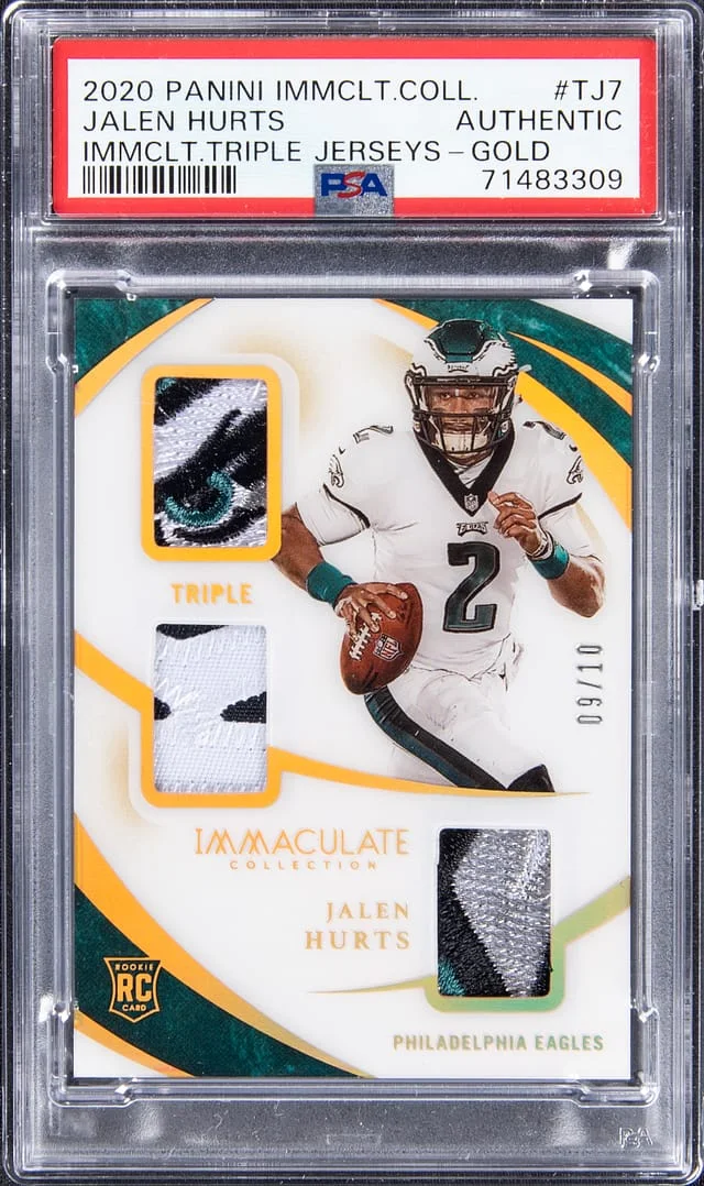2020 Panini Immaculate Jalen Hurts Triple Jerseys Gold #TJ7 card image