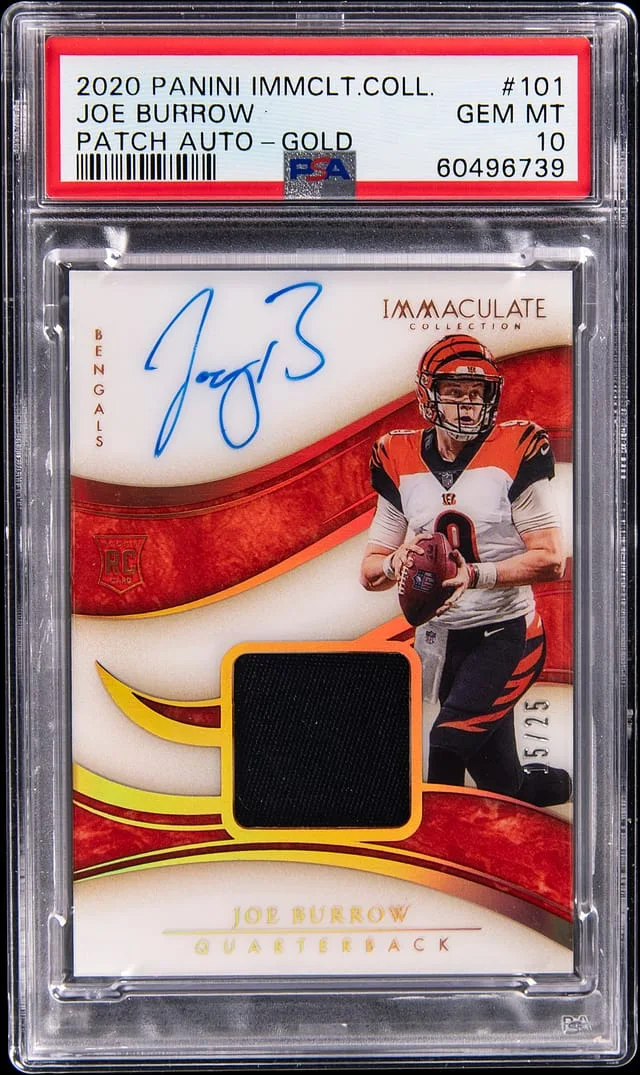 2020 Panini Immaculate Joe Burrow Patch Autograph (RPA) Gold #101 card image