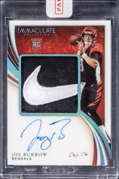 2020 Panini Immaculate Joe Burrow Premium Patch Autographs Platinum #PPR-JBU card image