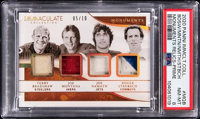 2020 Panini Immaculate Terry Bradshaw/Joe Montana/Joe Namath/Roger Staubach Monuments Relics Prime #M-QB card image